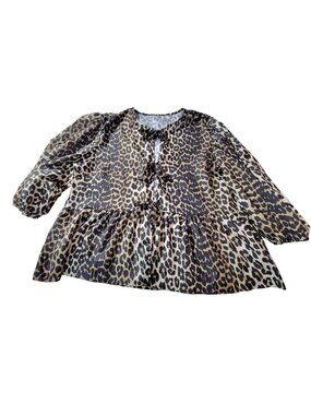 Womens Leopard Print Long-Sleeve Tiered Blouse  Bow Detail Lightweight & Flowy